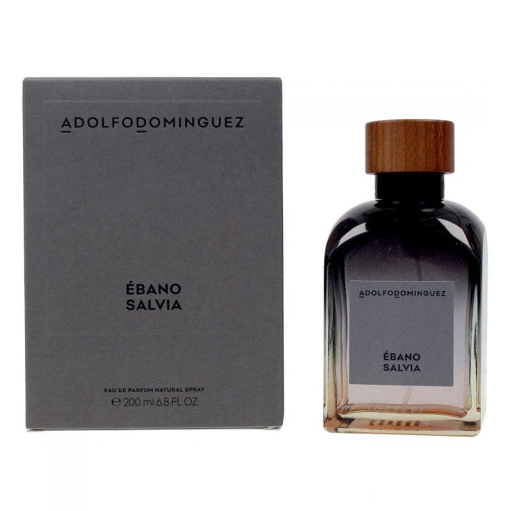 Parfümflasche und Schachtel. Aufschrift: ADOLFODOMINGUEZ, ÉBANO SALVIA. Schachtel mit Produktinformationen.
