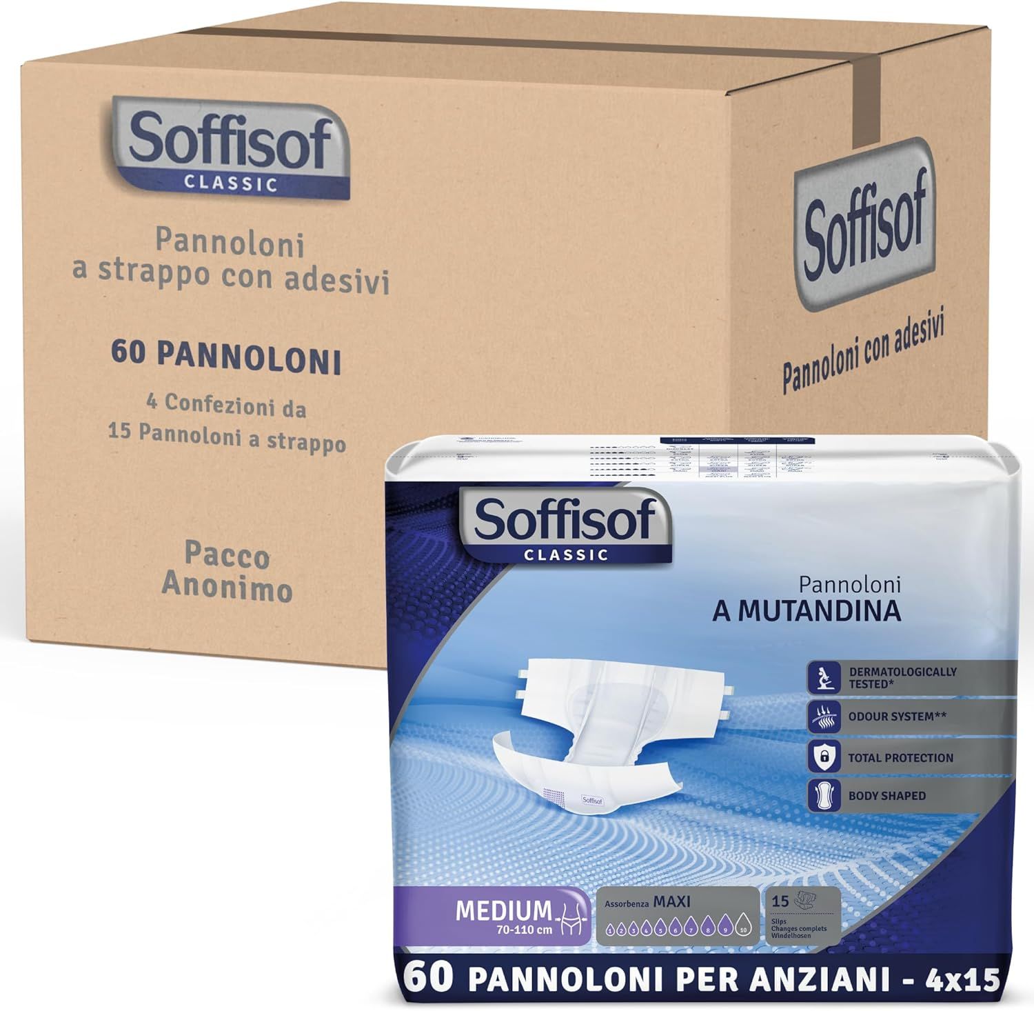Soffisof Classic Windeln für Erwachsene Maxi. Verpackung mit 60 Stück und Karton. Aufschrift: Pannoloni a strappo con adesivi.