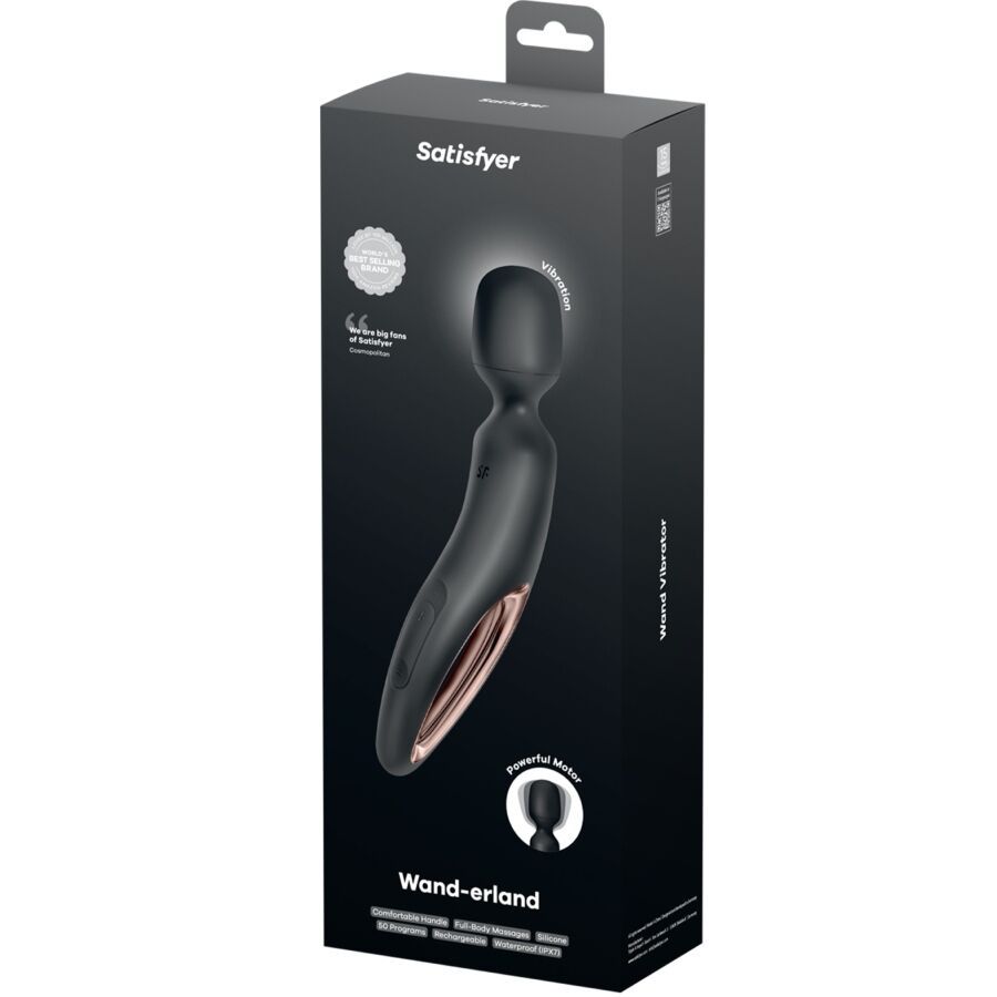 Schwarze Produktverpackung mit Massagegerät-Abbildung. Text: Satisfyer, Wand-erland, Powerful Motor, Vibration.