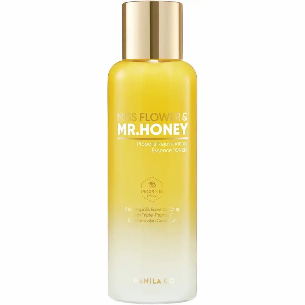 Gelb-weiße Flasche mit goldfarbenem Deckel. Aufschrift: Miss Flower & Mr. Honey. Propolis Rejuvenating Essence Toner.