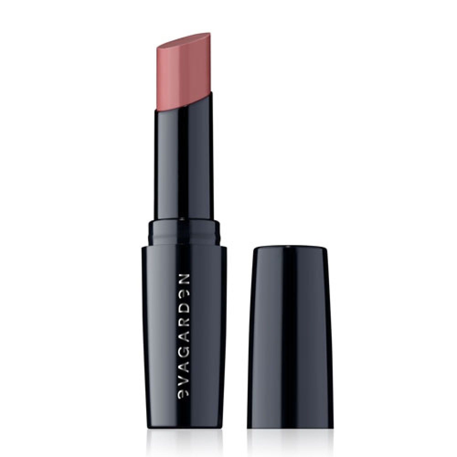 Lippenstift, rosafarbene Spitze, schwarze Hülse mit Schriftzug. Geöffnete Kappe daneben.