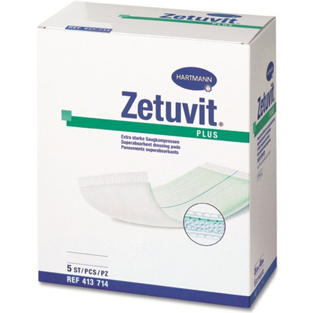 Weiße Verpackung mit Zetuvit Plus. Zeigt eine Kompresse. Hartmann-Logo. 5 Stück. Ref 413 714.