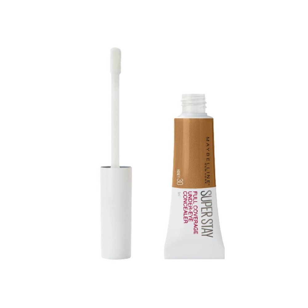 Maybelline Super Stay Concealer, Tube und Applikator. Text: SPF 30, Full Coverage Under Eye Concealer.