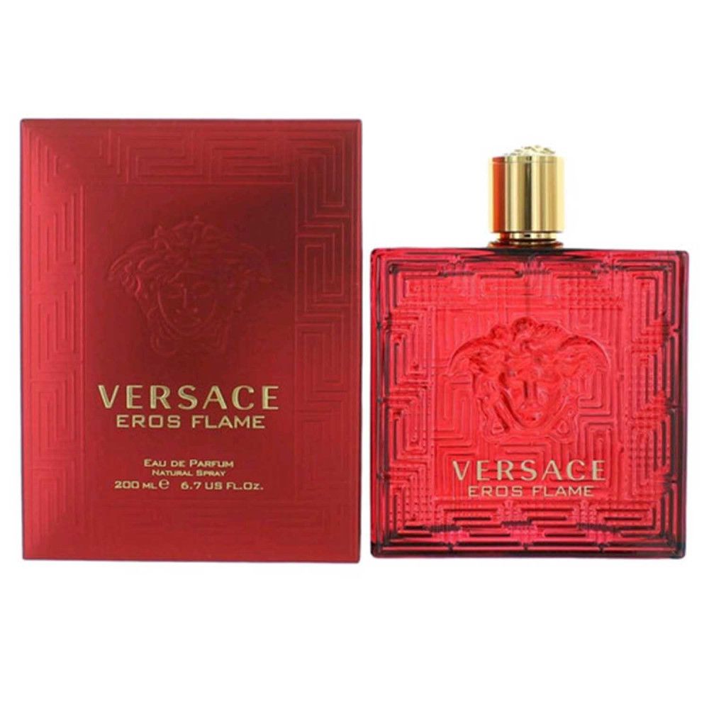 Roter Flakon und Verpackung. Aufschrift: VERSACE EROS FLAME. Eau de Parfum. 200 ml.