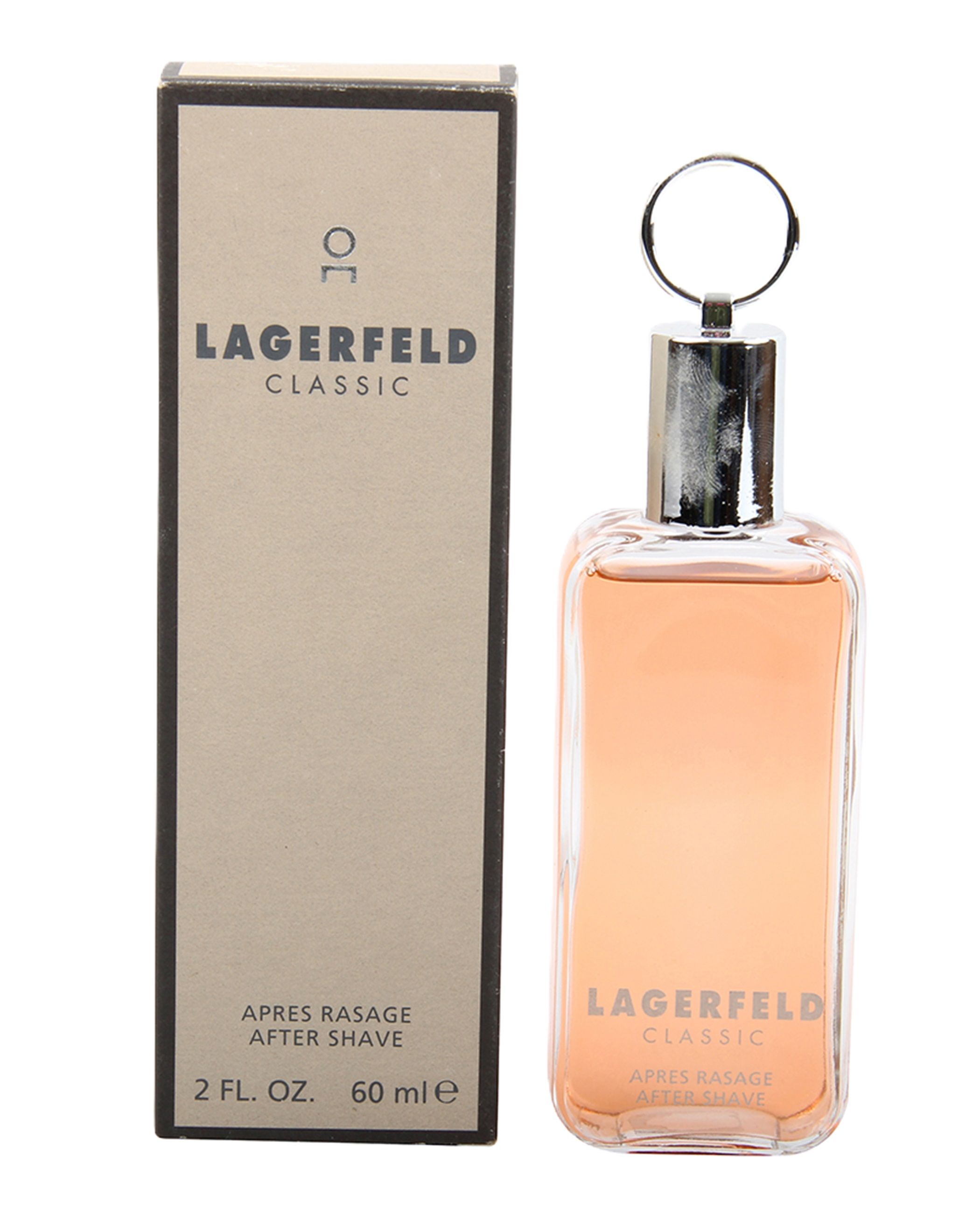 After Shave von Lagerfeld Classic. Rechteckige Glasflasche mit silbernem Verschluss und Ring. Beige Verpackung mit Logo und Produktbezeichnung.