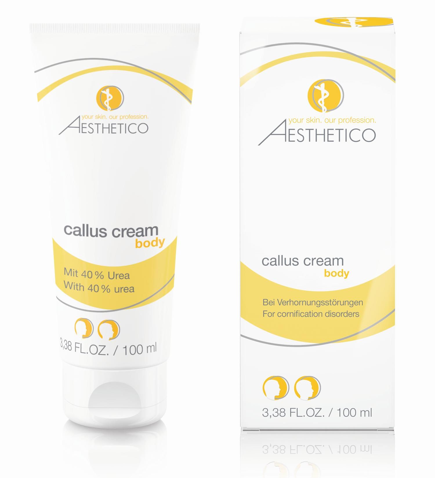 Tubo e scatola di crema bianchi con dettagli gialli. Scritto: Aesthetico, Callus Cream body, Mit 40% Urea. 3,38 FL.OZ. / 100 ml.