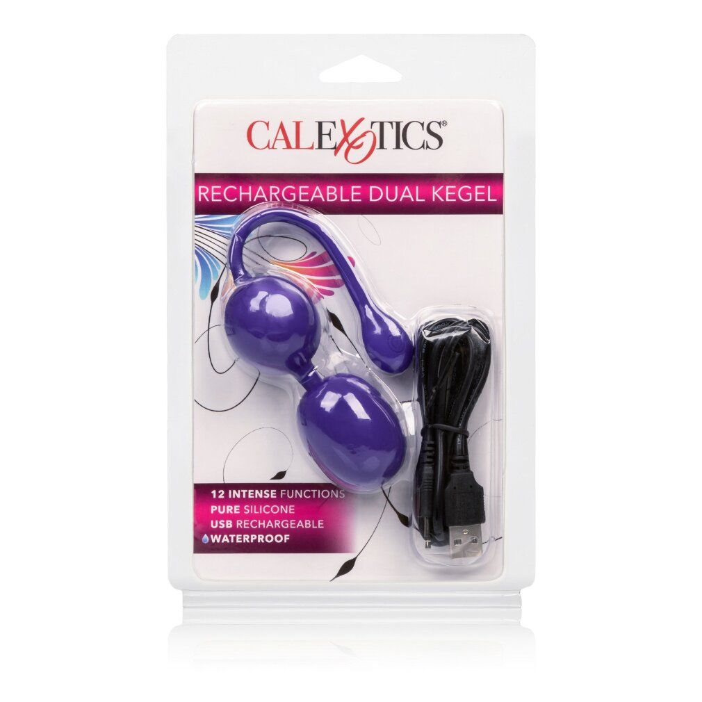 Verpackte lila Kegel-Kugeln mit USB-Ladekabel und Anleitung.