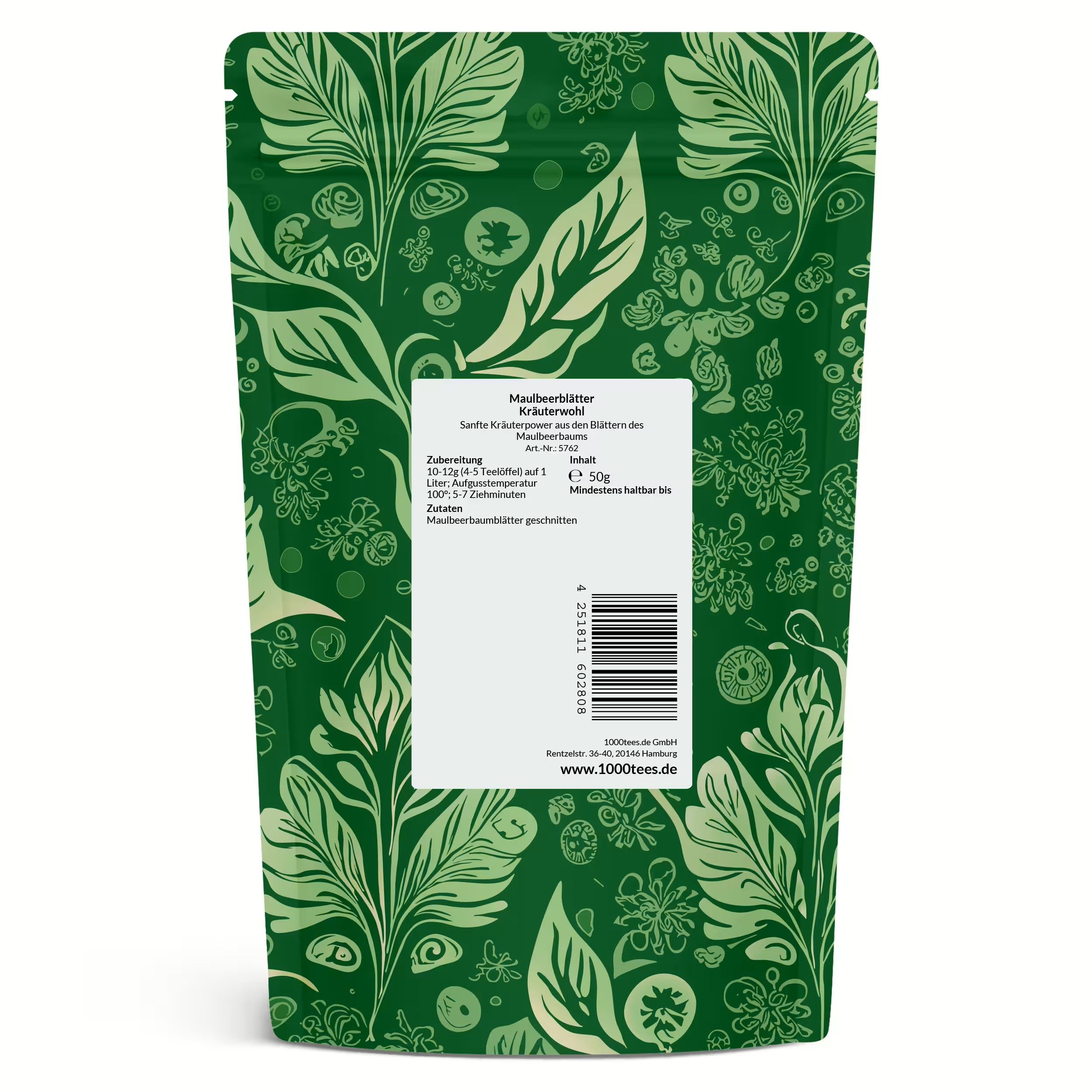 Rückseite eines grünen Beutels mit floralem Muster. Textinformationen und Barcode.