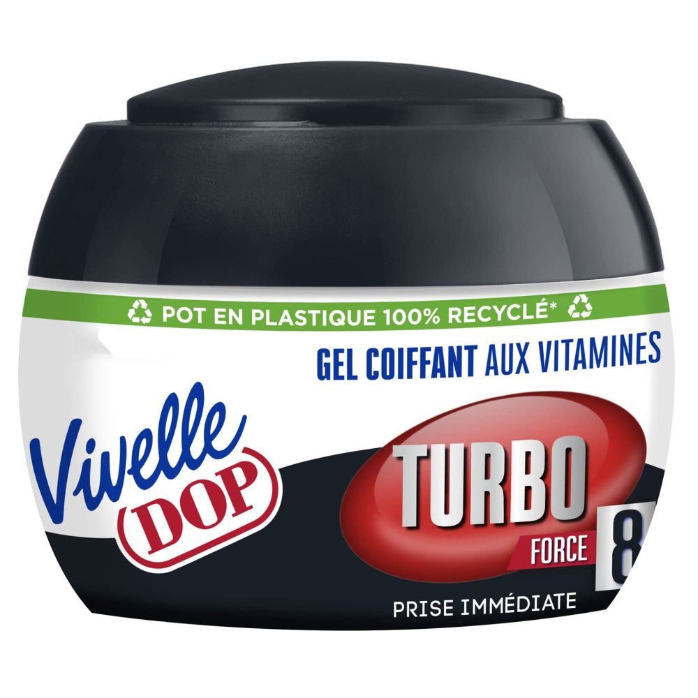 Schwarzer Tiegel mit Haargel. Aufschrift: Vivelle DOP, Turbo Force 8, Gel coiffant aux vitamines. Verpackung aus 100% recyceltem Kunststoff.