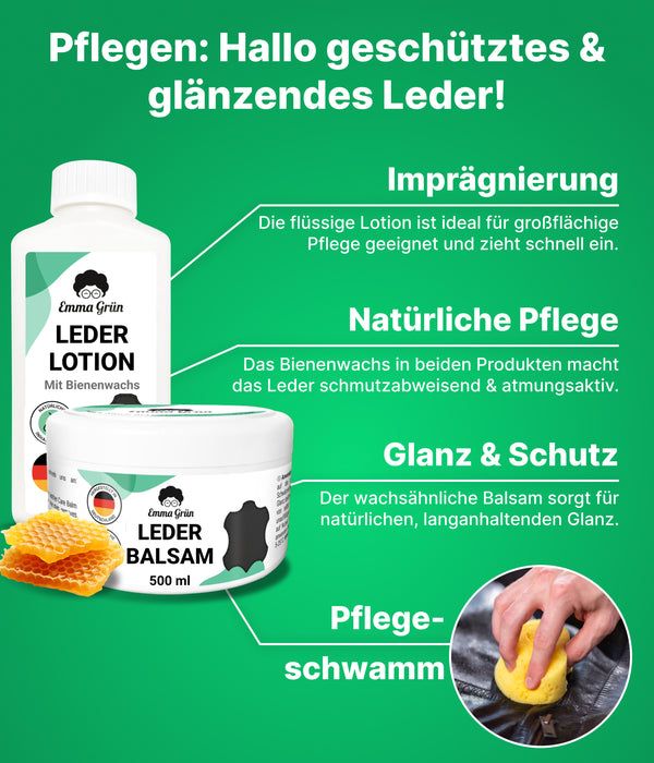 Leder Lotion und Balsam von Emma Grün®. Text: Pflegen: Hallo geschütztes & glänzendes Leder! Mit Bienenwachs. Pflege-Schwamm und Waben.