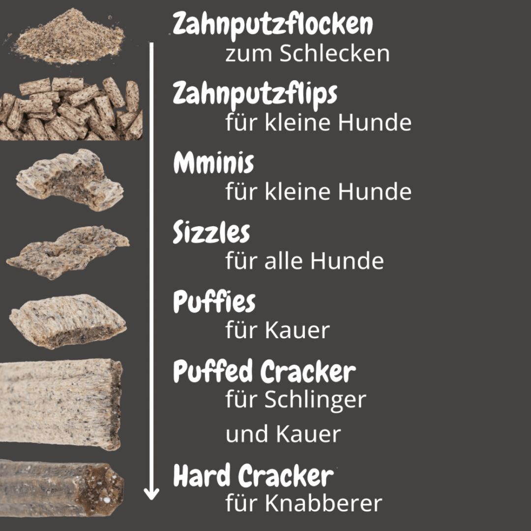 Verschiedene Produkte von QCHEFS. Zahnputzflocken, Zahnputzflips, Mminis, Sizzles, Puffies, Puffed Cracker, Hard Cracker. Text: Für kleine Hunde.