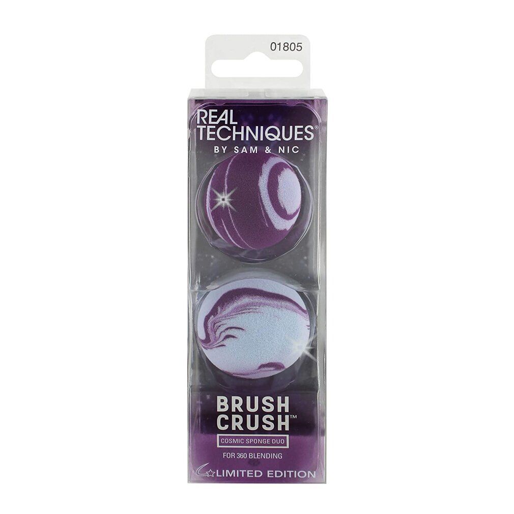 Kosmetiktuch-Duo in Verpackung. Lila und weiß marmorierte Schwämme. Text: Brush Crush, Cosmic Sponge Duo, Limited Edition.