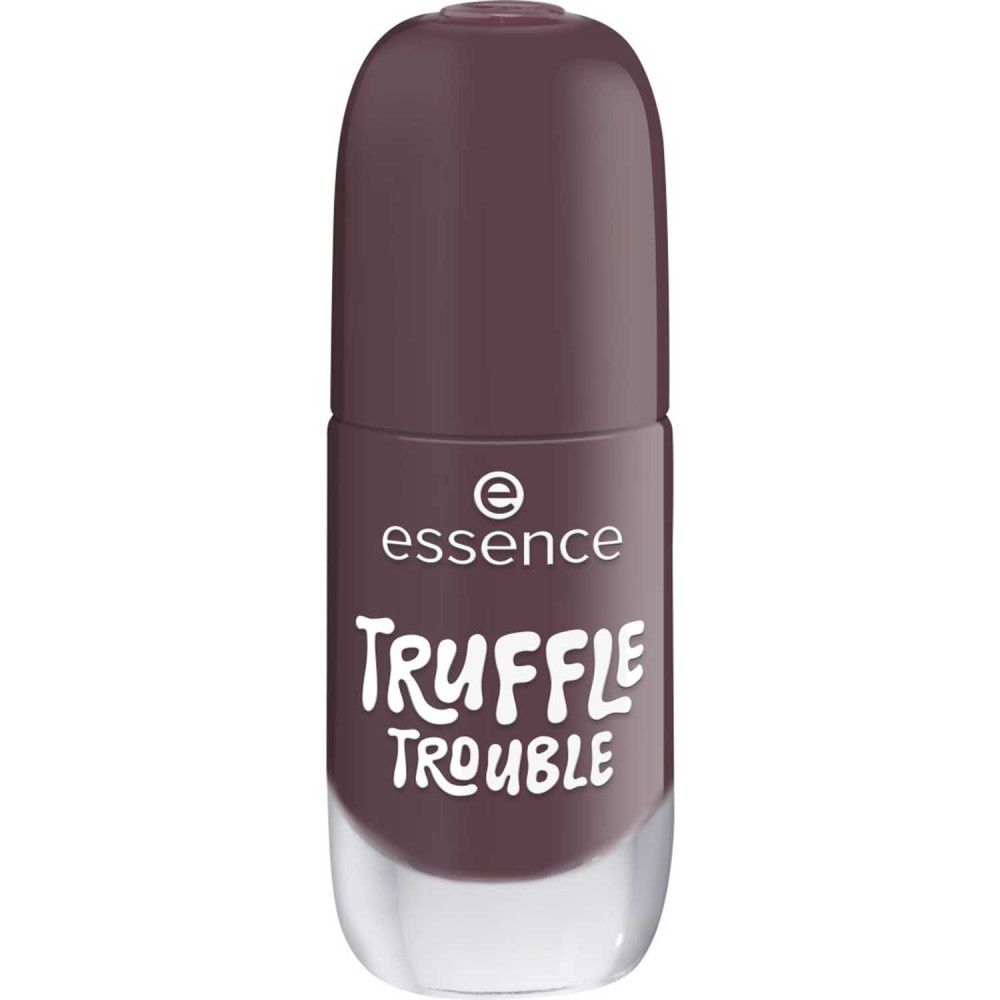 Nagellackflasche, geschlossen. Dunkelvioletter Lack, transparenter Boden. Weißer Schriftzug 'Truffle Trouble'.
