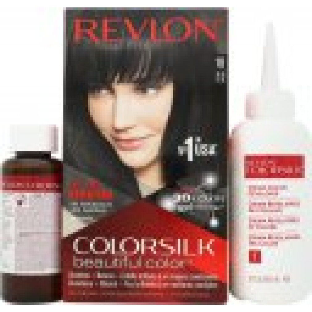 Haarfärbemittel-Packung mit zwei Flaschen und einer Flasche. Enthält Colorsilk 10 Black. Text: Ohne Ammoniak.