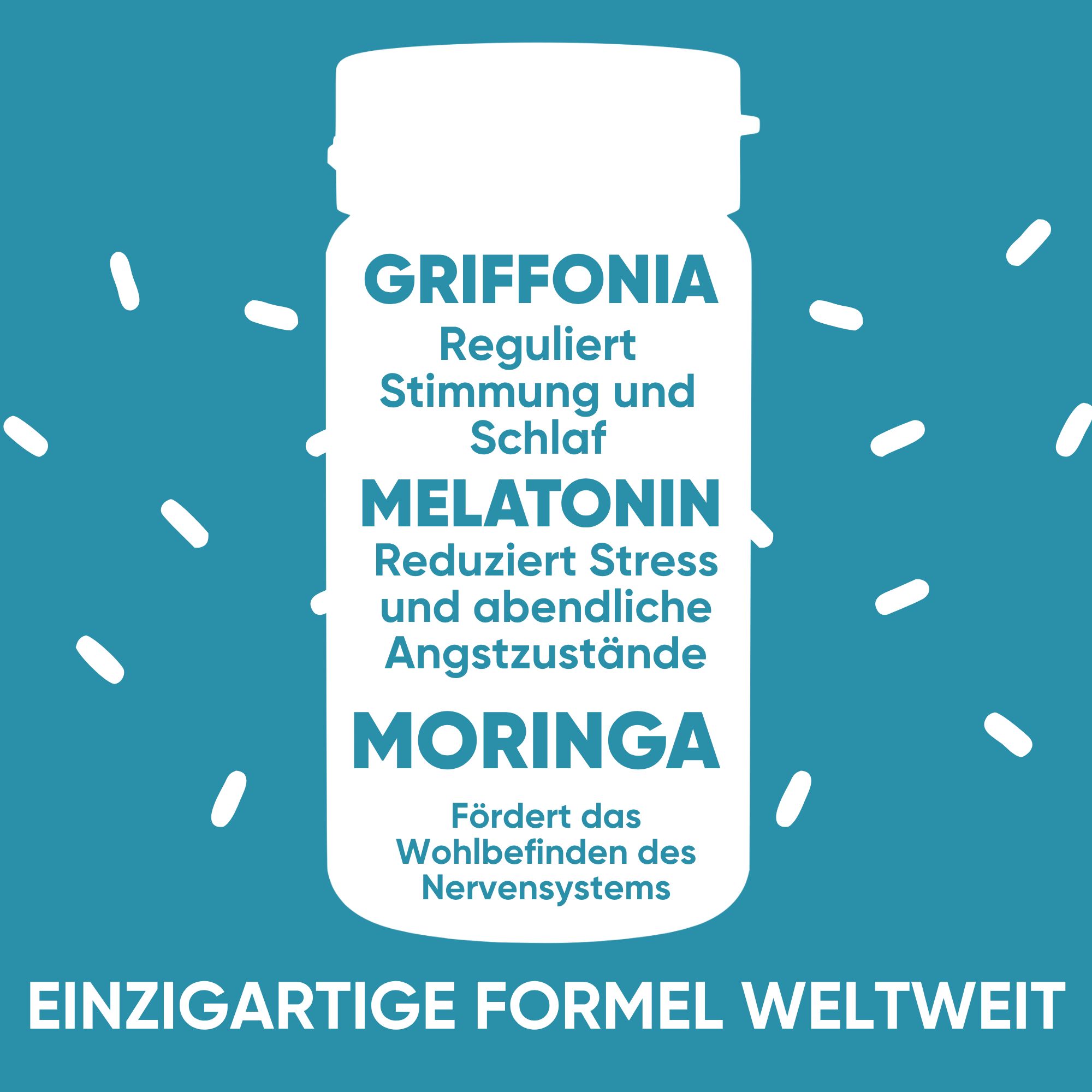 Flasche mit Kapseln. Griffonia reguliert Stimmung und Schlaf, Melatonin reduziert Stress.