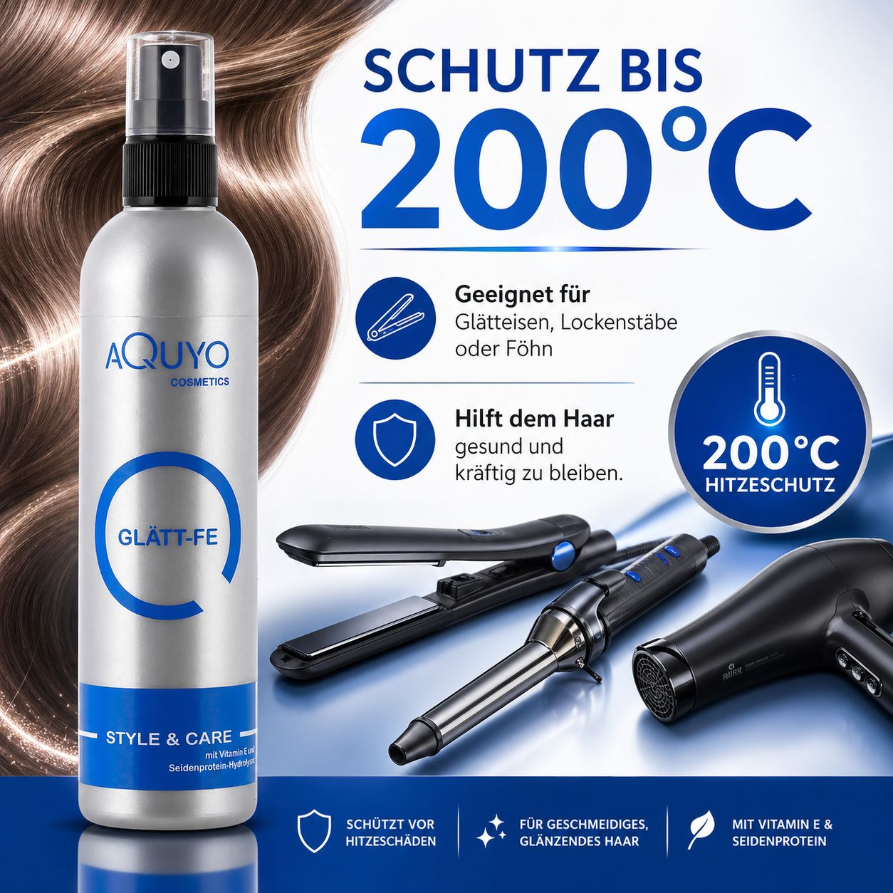 Silberne Sprühflasche mit Text. Abgebildet sind Glätteisen, Lockenstab und Föhn. Text: Hitzeschutz bis 200°C.