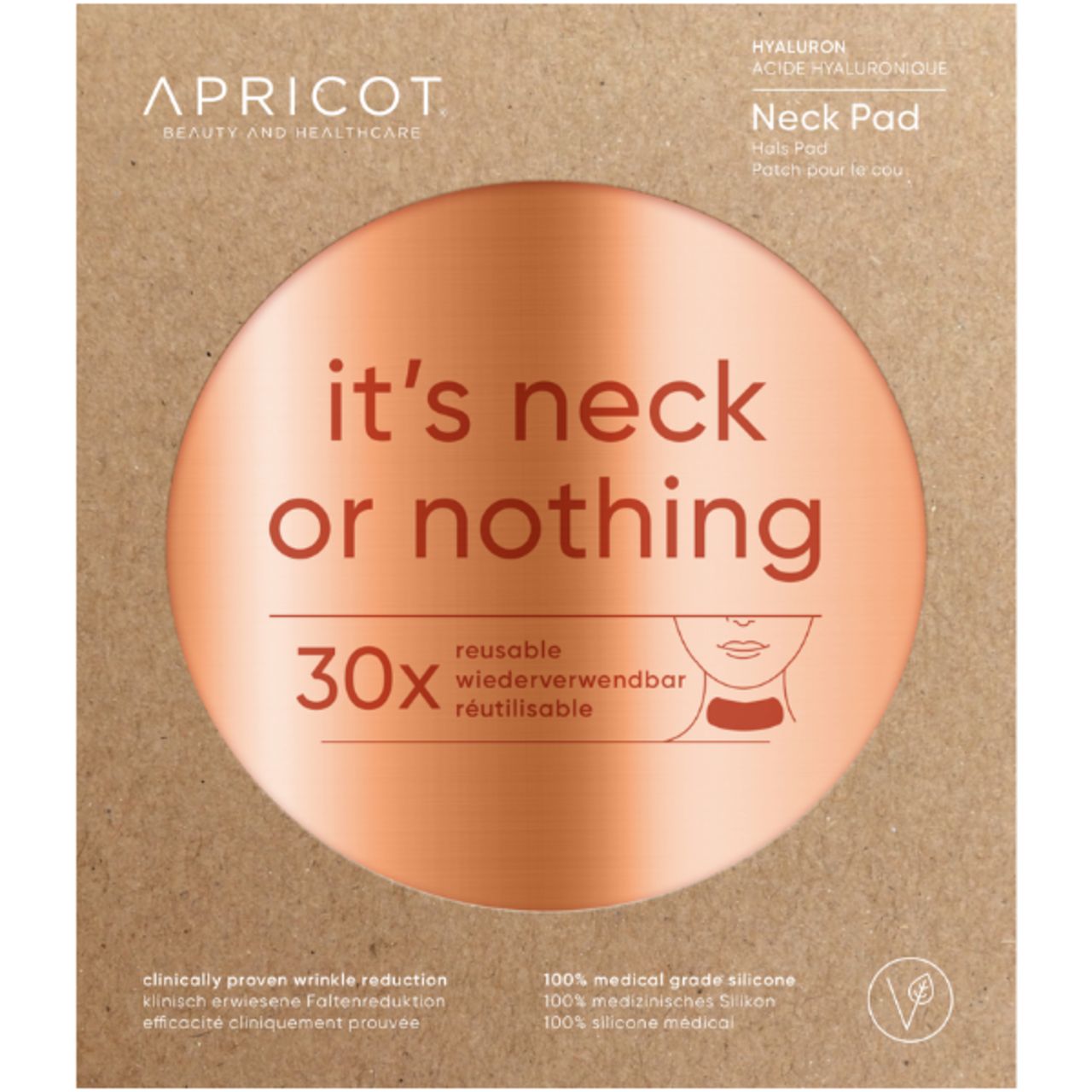 Verpackung: Hals Pad mit Hyaluron. Marke APRICOT. Runde Verpackung mit Produktinformationen.