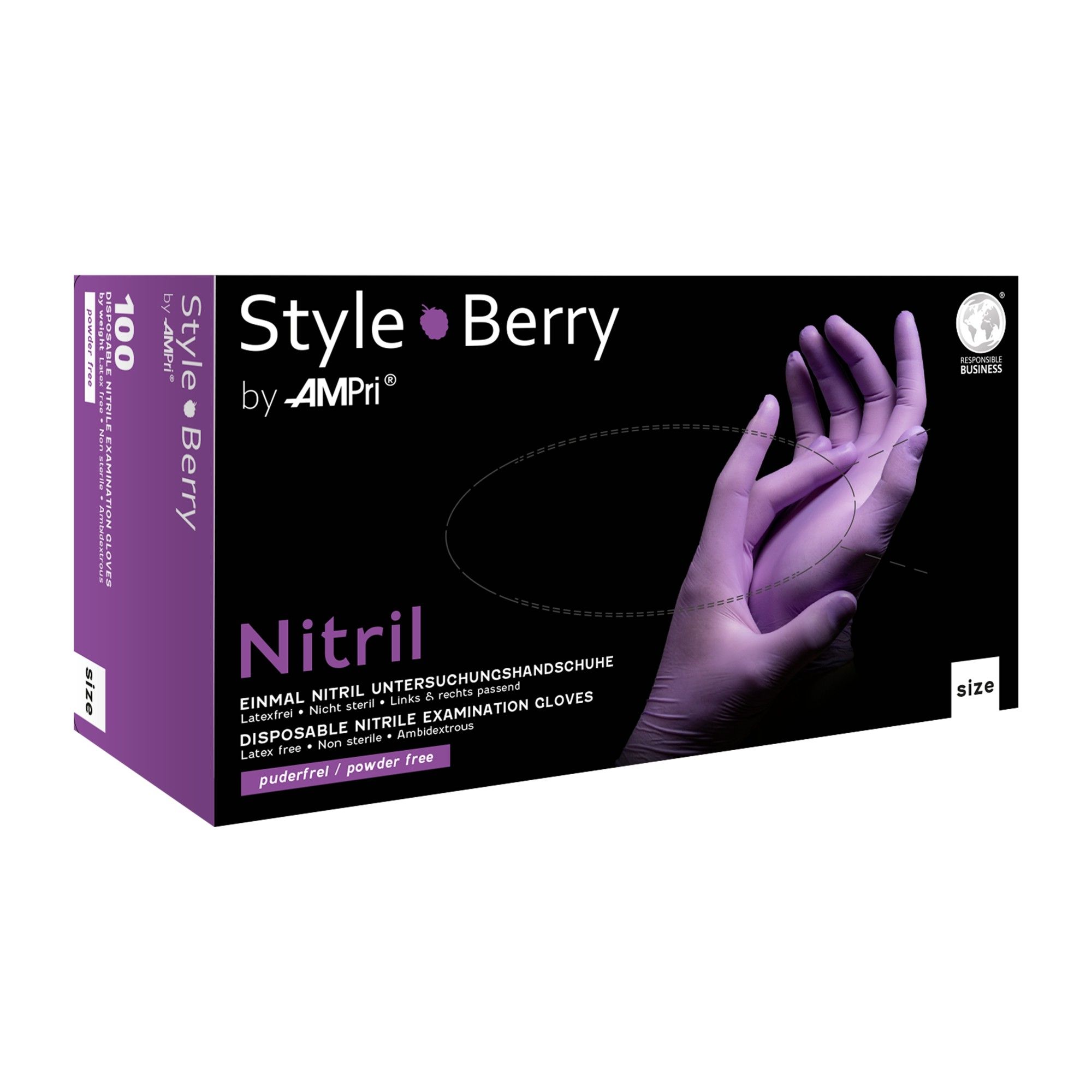 Verpackung von Style Berry Nitril-Untersuchungshandschuhen, lila, 100 Stück.