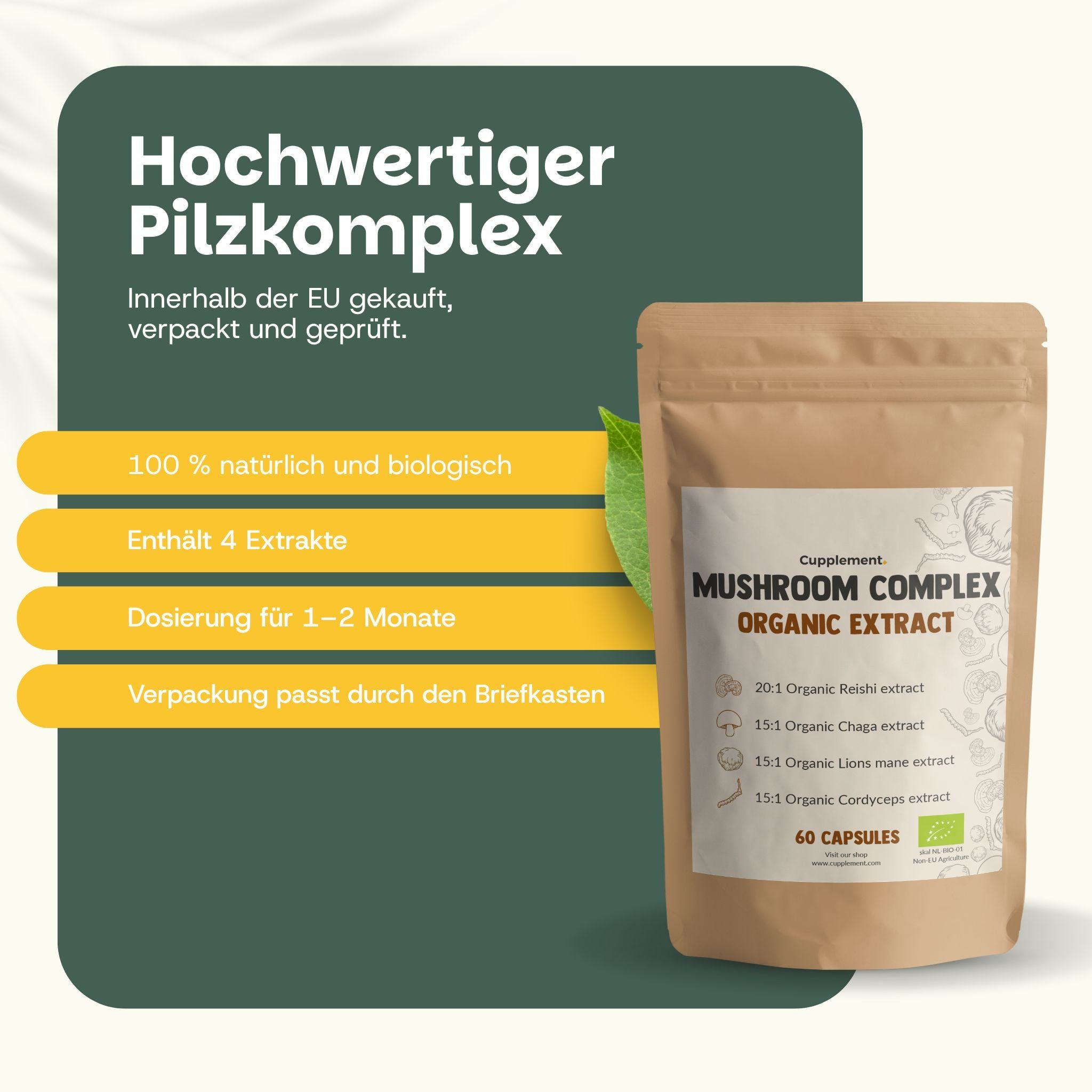 Beutel mit Kapseln. Aufschrift: MUSHROOM COMPLEX ORGANIC EXTRACT. 60 Kapseln. Mit Bio-Siegel. Text: Hochwertiger Pilzkomplex.