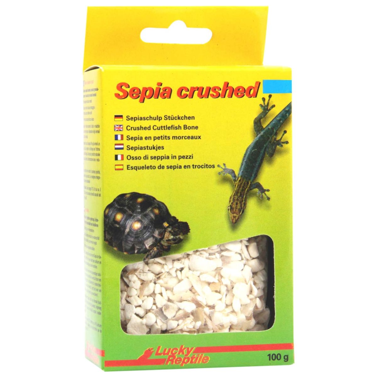 Verpackung mit Sepia-Stückchen. Aufschrift "Sepia crushed". Marke Lucky Reptile. 100g.