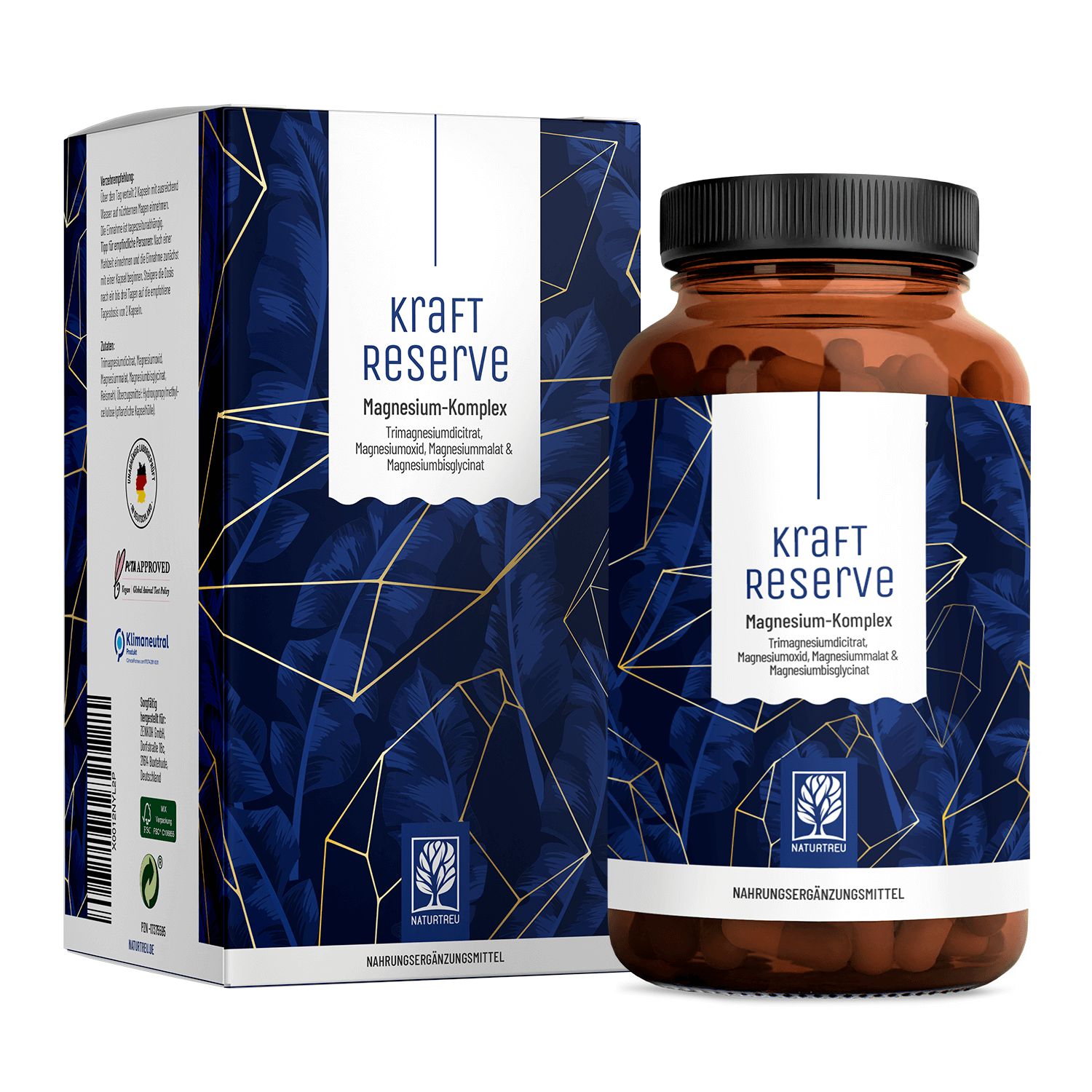 Magnesium Komplex u.a. mit Magnesiumcitrat, Bisglycinat hochdosiert vegan - Kraftreserve -NATURTREU®