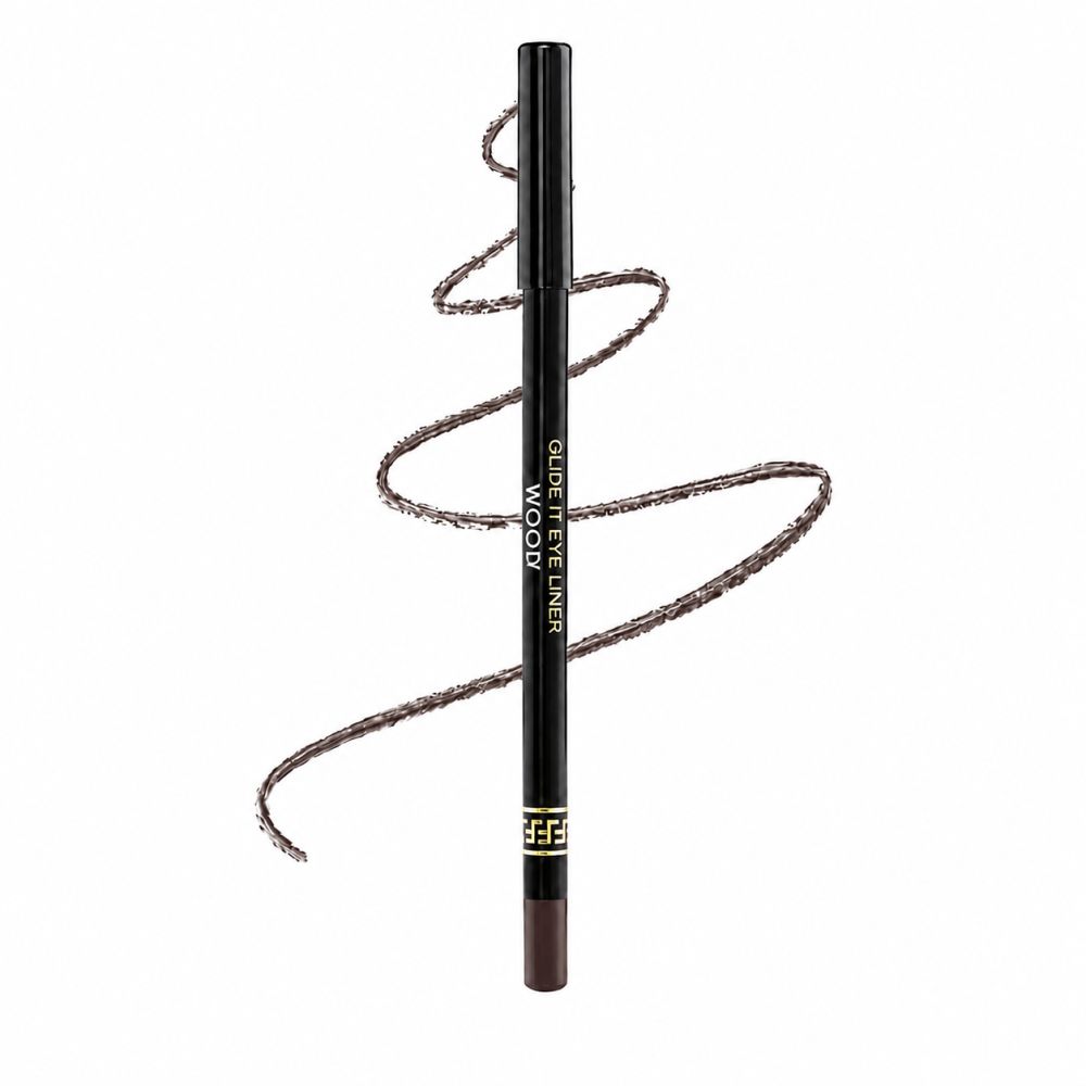 Brauner Kajalstift mit aufgewickelter Linie. Beschriftung: GLIDE IT EYE LINER WOODY.