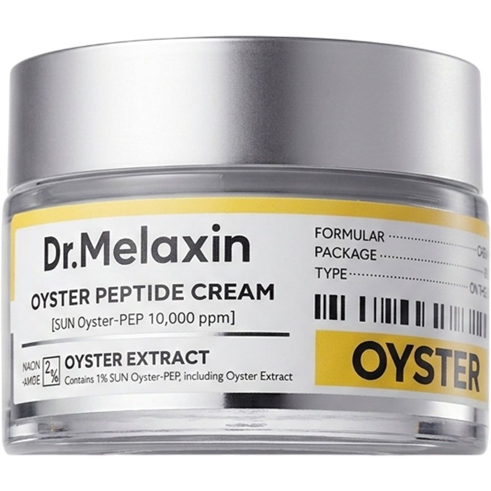 Dr. Melaxin Oyster Peptide Cream in einem Glasbehälter mit silbernem Deckel.