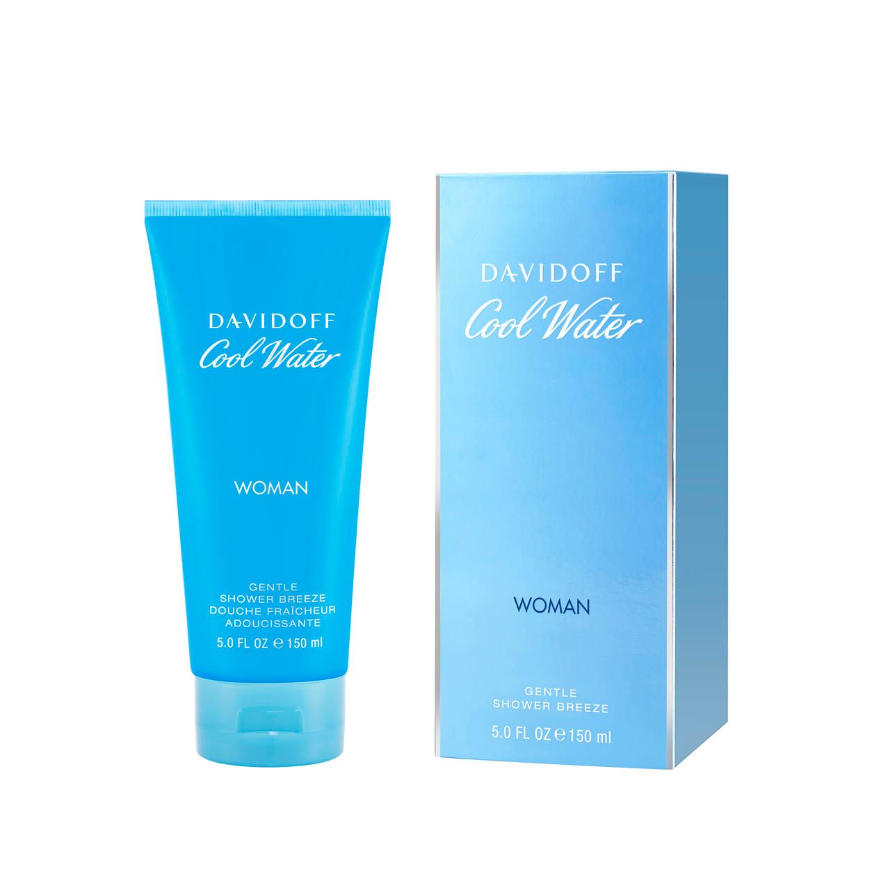 Davidoff Cool Water Woman Shower Breeze. Blaue Tube und Schachtel. Produktname und Bezeichnung.