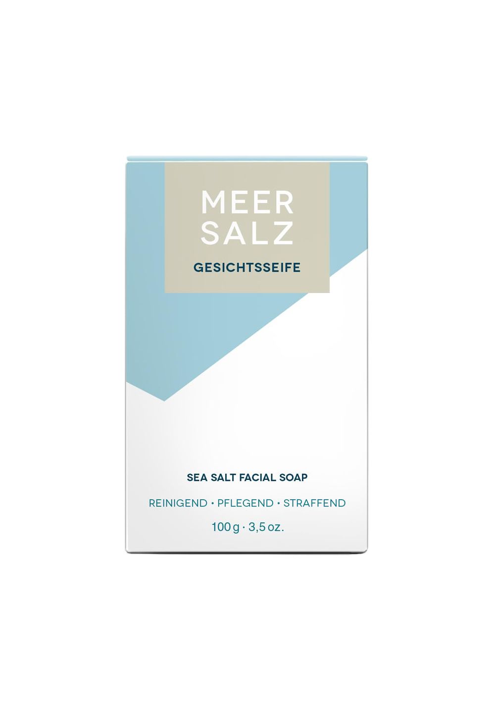 Verpackung mit Meer Salz Gesichtsseife-Aufdruck. Text: reinigend, pflegend, straffend. Gewicht: 100g/3,5 oz.
