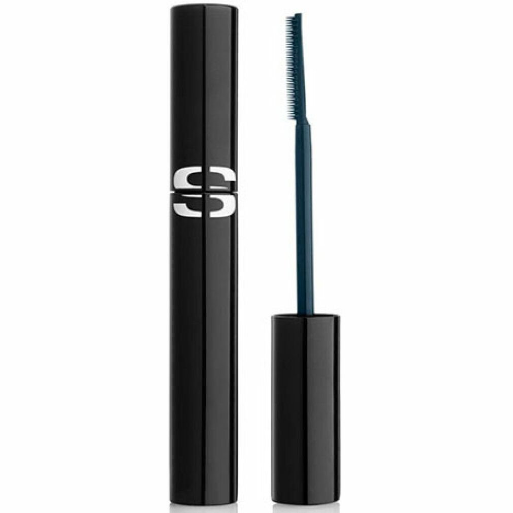 Schwarze Mascarahülse mit weißem Logo. Bürste mit blauer Mascara. Deckel daneben.