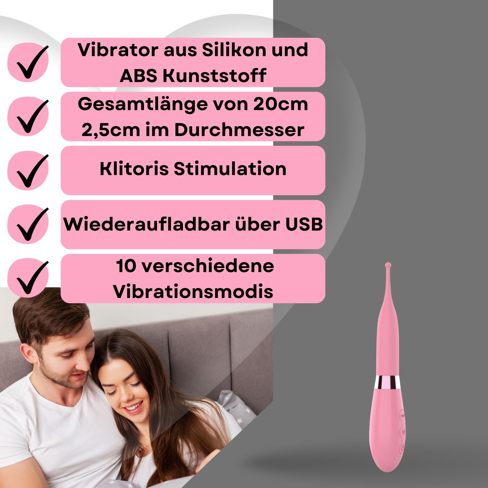 Rosa Vibrator mit Reizkugel. Aus Silikon und ABS. Paar im Hintergrund. Produkt auf weißem Podest. 10 Vibrationsmodi. Aufladbar über USB.