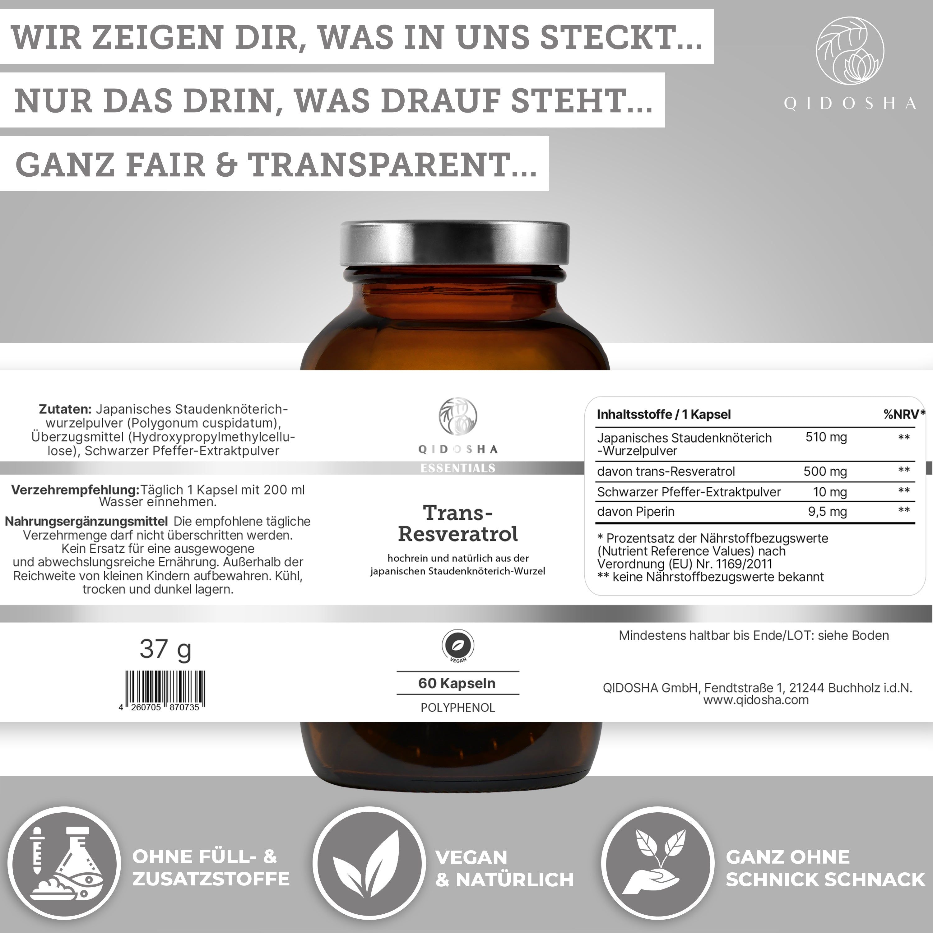 QIDOSHA Trans-Resveratrol Kapseln in Braunglasflasche, 60 Stück. Detailansicht der Inhaltsstoffe und Nährwertangaben.