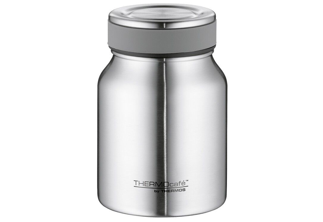 Edelstahl-Speisegefäß mit grauem Deckel. Marke THERMOcafe by THERMOS.