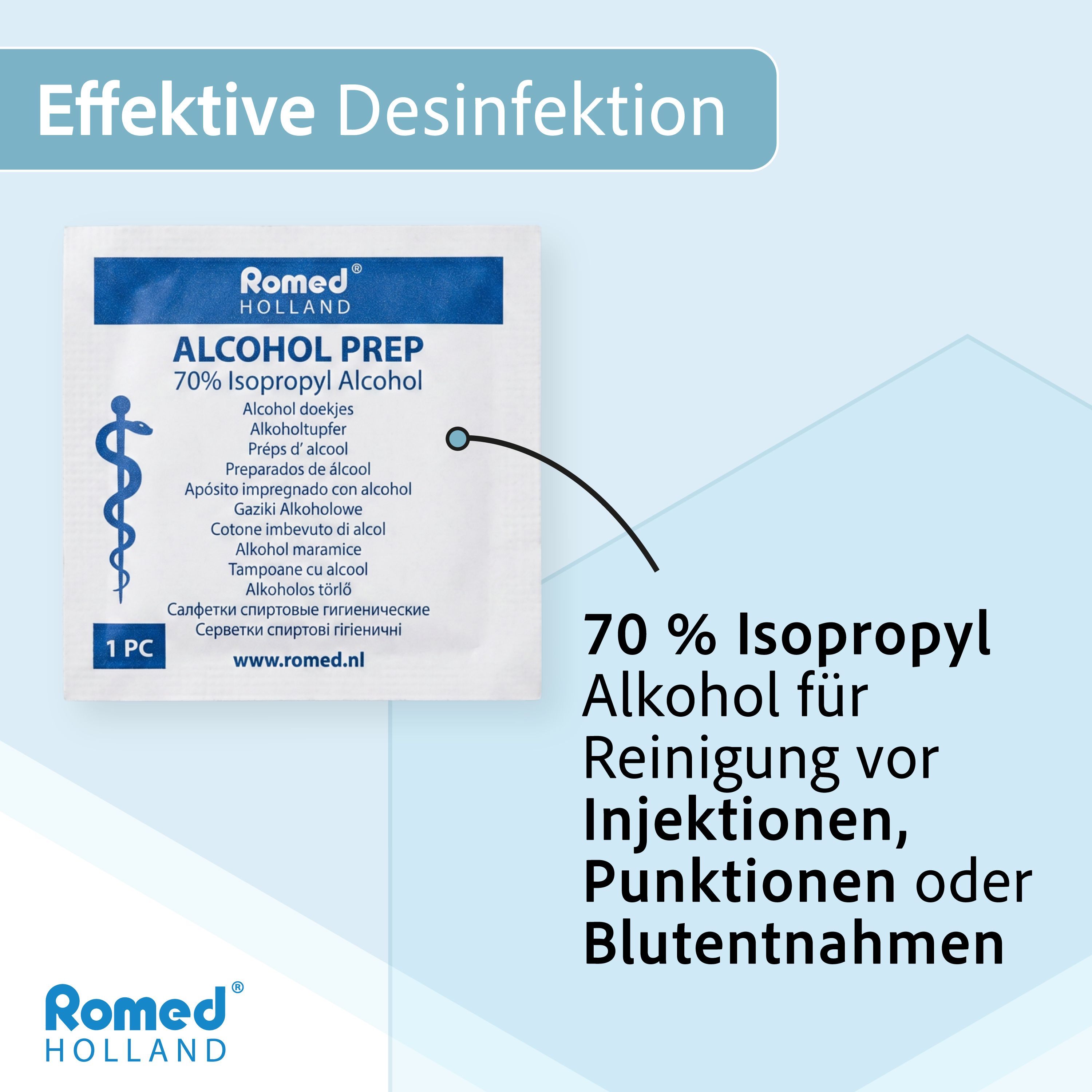 Romed Alkohol Tupfer einzeln verpackt. 70% Isopropylalkohol für Reinigung vor Injektionen.