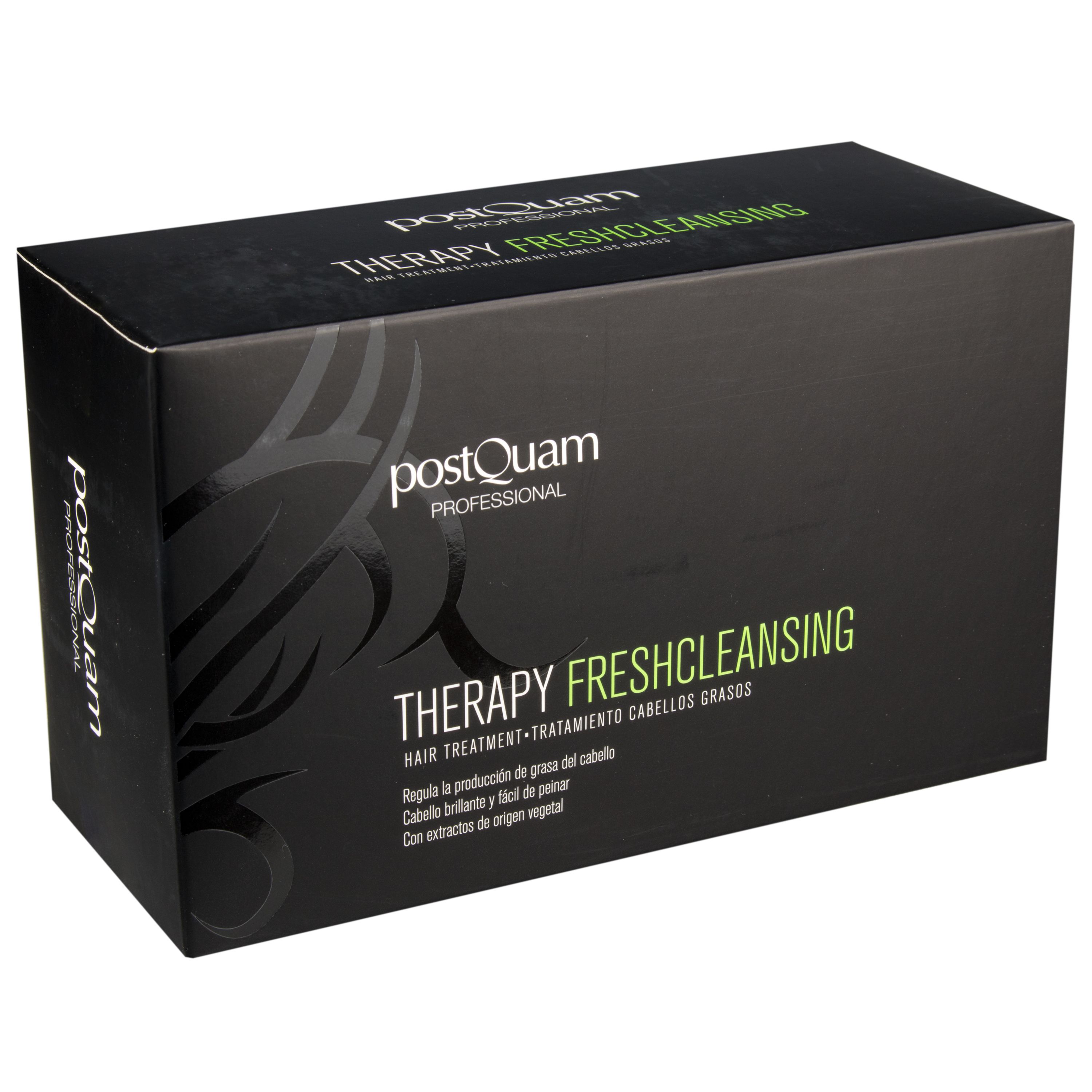 Schwarze Produktverpackung mit weißer Schrift. Aufschrift: Therapy Fresh Cleansing. Marke: PostQuam Professional.