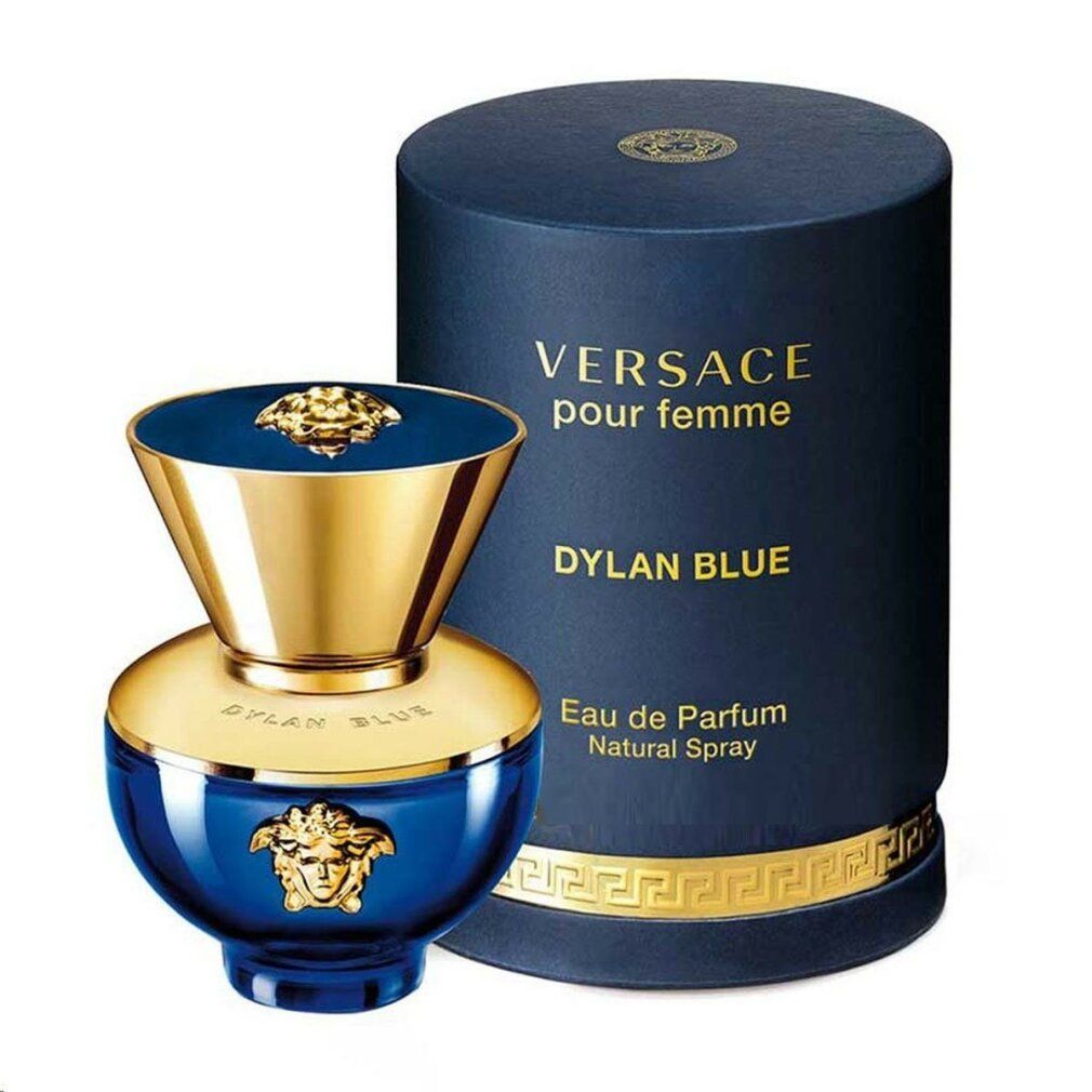 Versace Dylan Blue Eau de Parfum Flakon und Verpackung, seitliche Ansicht.
