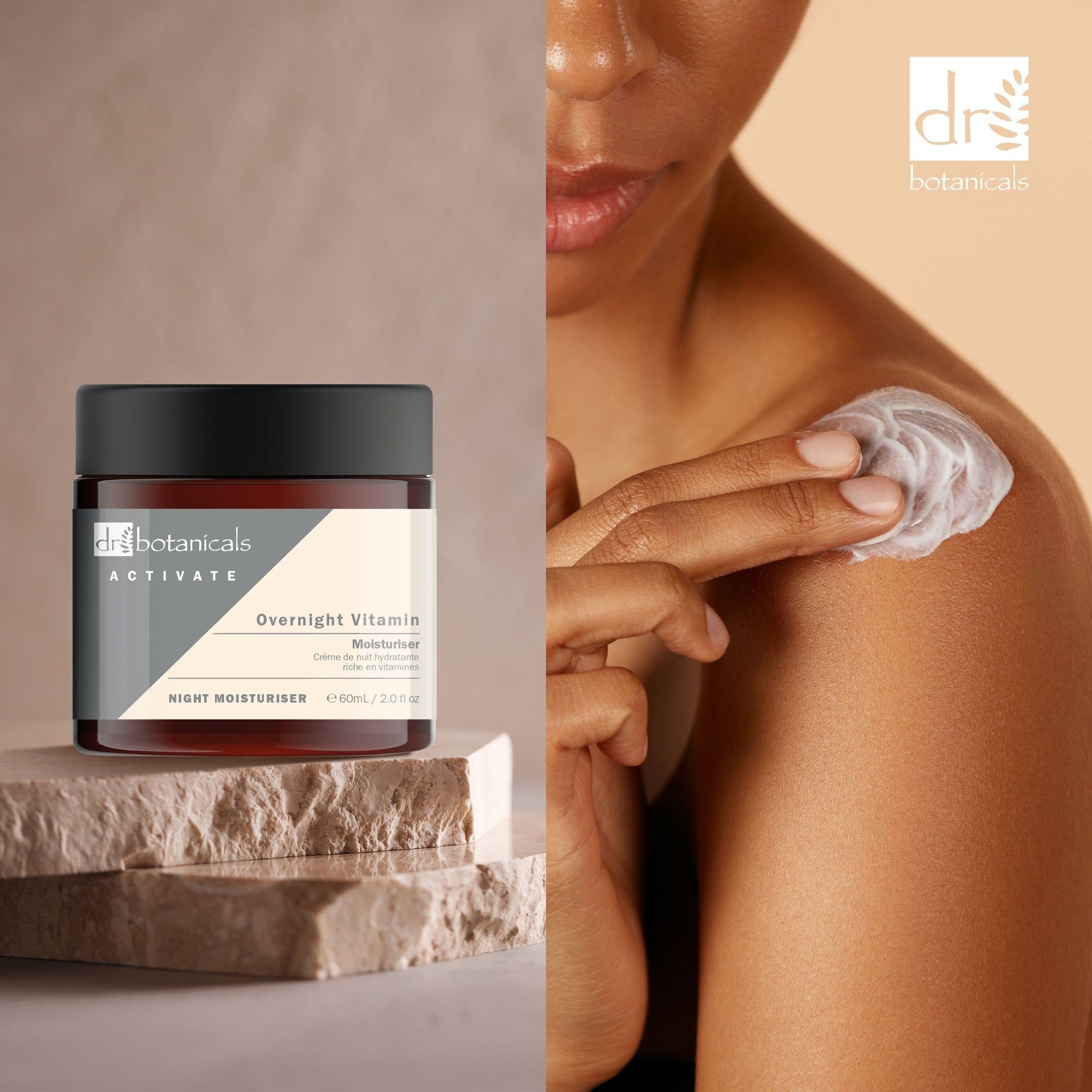 Produkt neben einer Person, die Creme auf die Schulter aufträgt. Brauner Tiegel mit schwarzem Deckel.