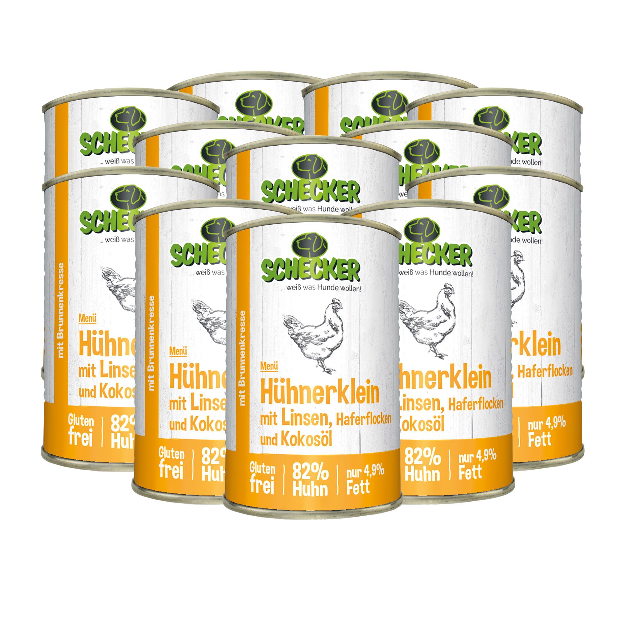 Schecker Nassfutter Hühnerklein mit Linsen, Haferflocken und Kokosöl. Mehrere Dosen. Produktansicht.