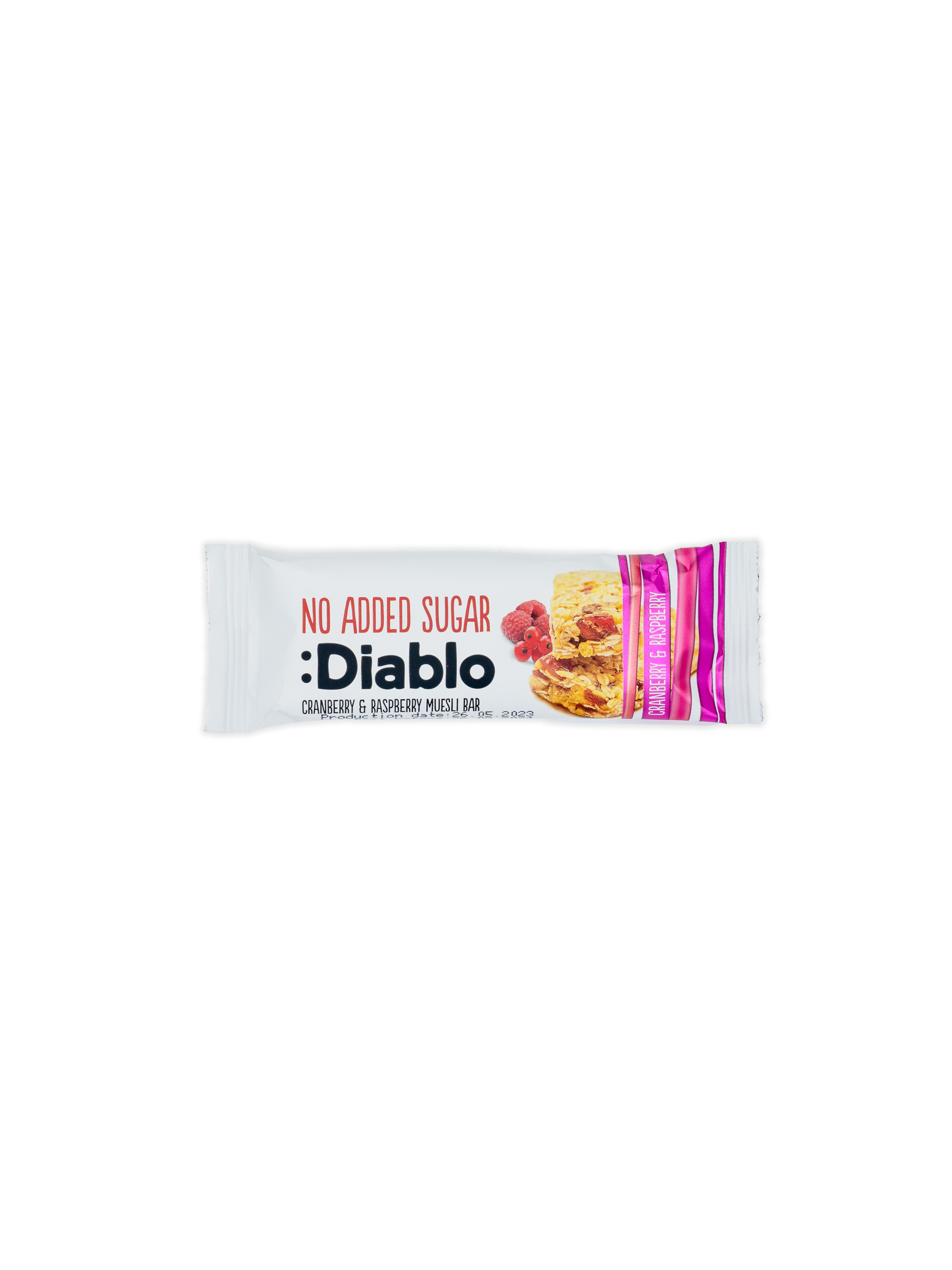 Verpackung eines Müsli-Riegels. Aufschrift: "No Added Sugar :Diablo Cranberry & Raspberry Muesli Bar". Abbildung von Himbeeren.