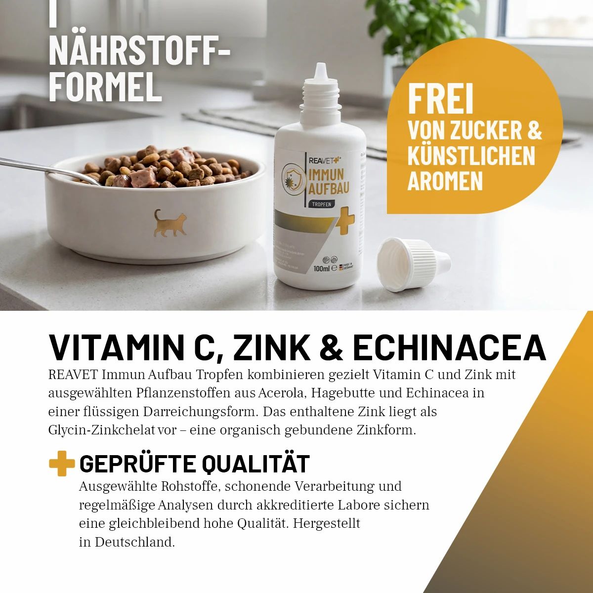 Flasche Immun Aufbau Tropfen neben Futternapf und Schüssel. Text: Vitamin C, Zink & Echinacea.