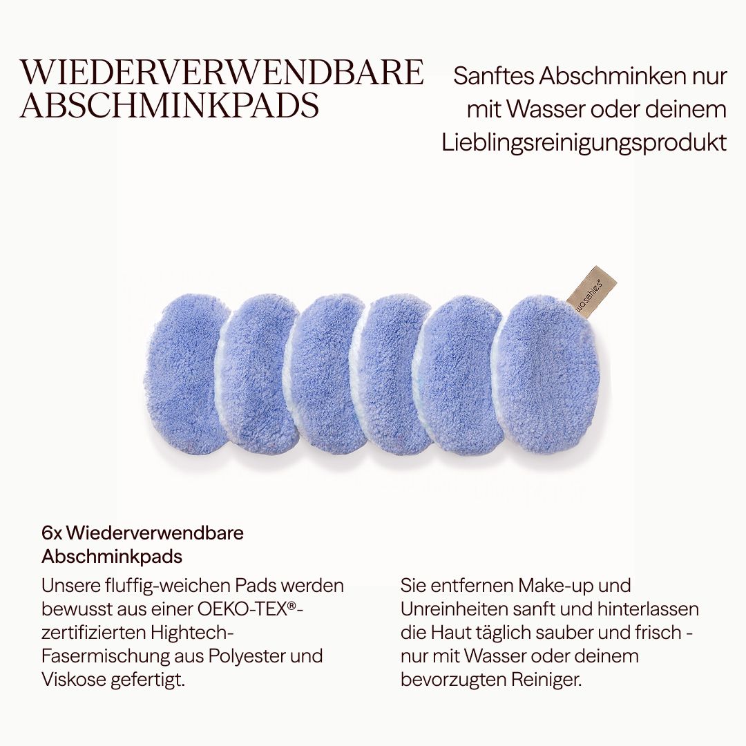 Sechs blaue, wiederverwendbare Abschminkpads. Text auf der Verpackung: 6x wiederverwendbare Abschminkpads, Oeko-Tex zertifiziert.
