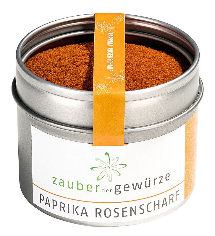 Metallbehälter mit Paprika rosenscharf. Aufkleber mit Produktname und Logo. Orangefarbener Papierstreifen.
