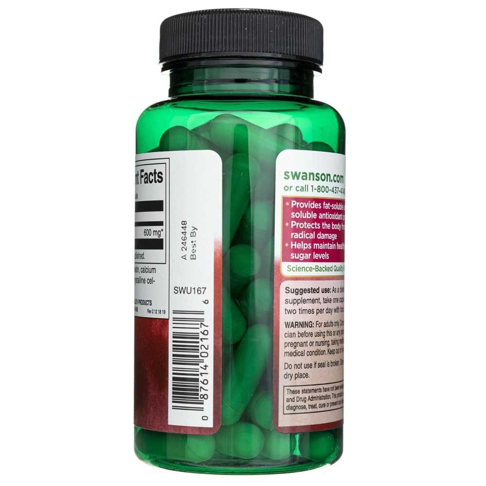 Seitenansicht der Flasche Swanson Alpha-Liponsäure, grüne Kapseln sichtbar.