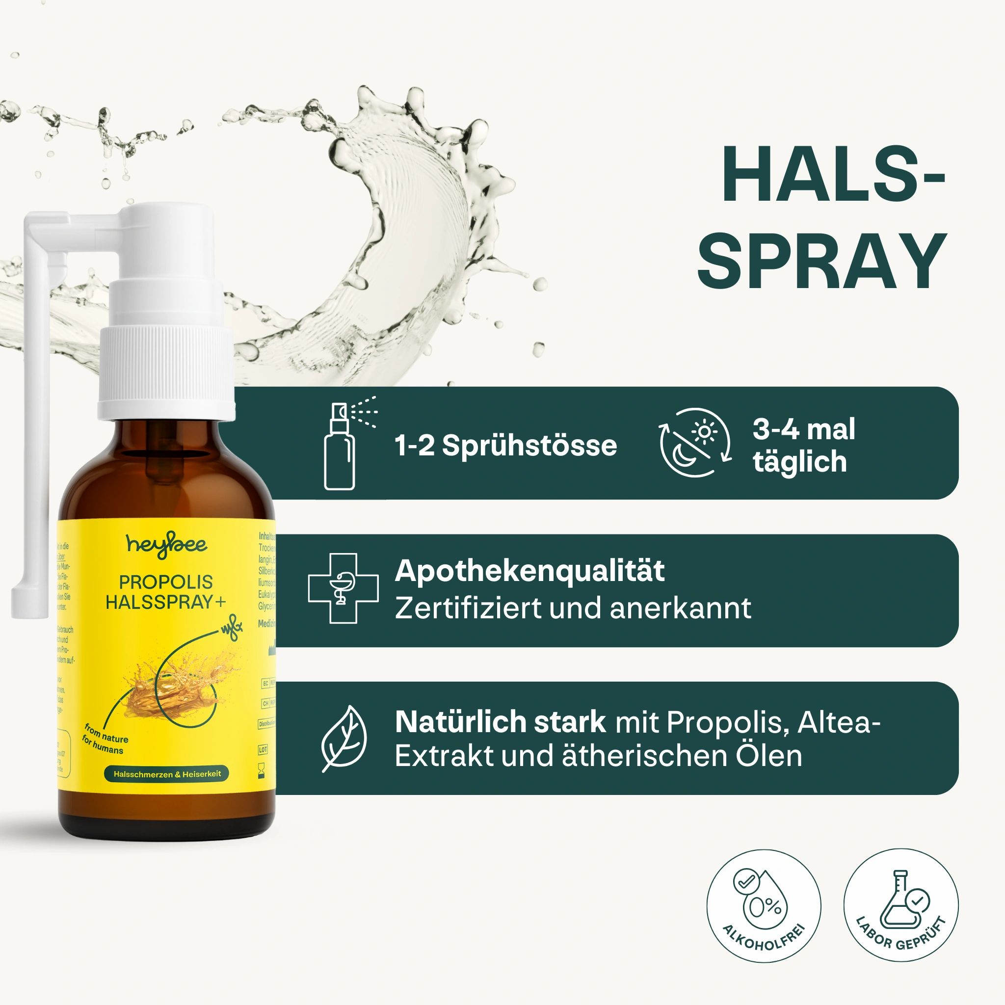 Heybee Propolis Halsspray+ Flasche. Apothekenqualität. 1-2 Sprühstöße, 3-4 mal täglich. Mit Propolis, Altea-Extrakt und ätherischen Ölen.