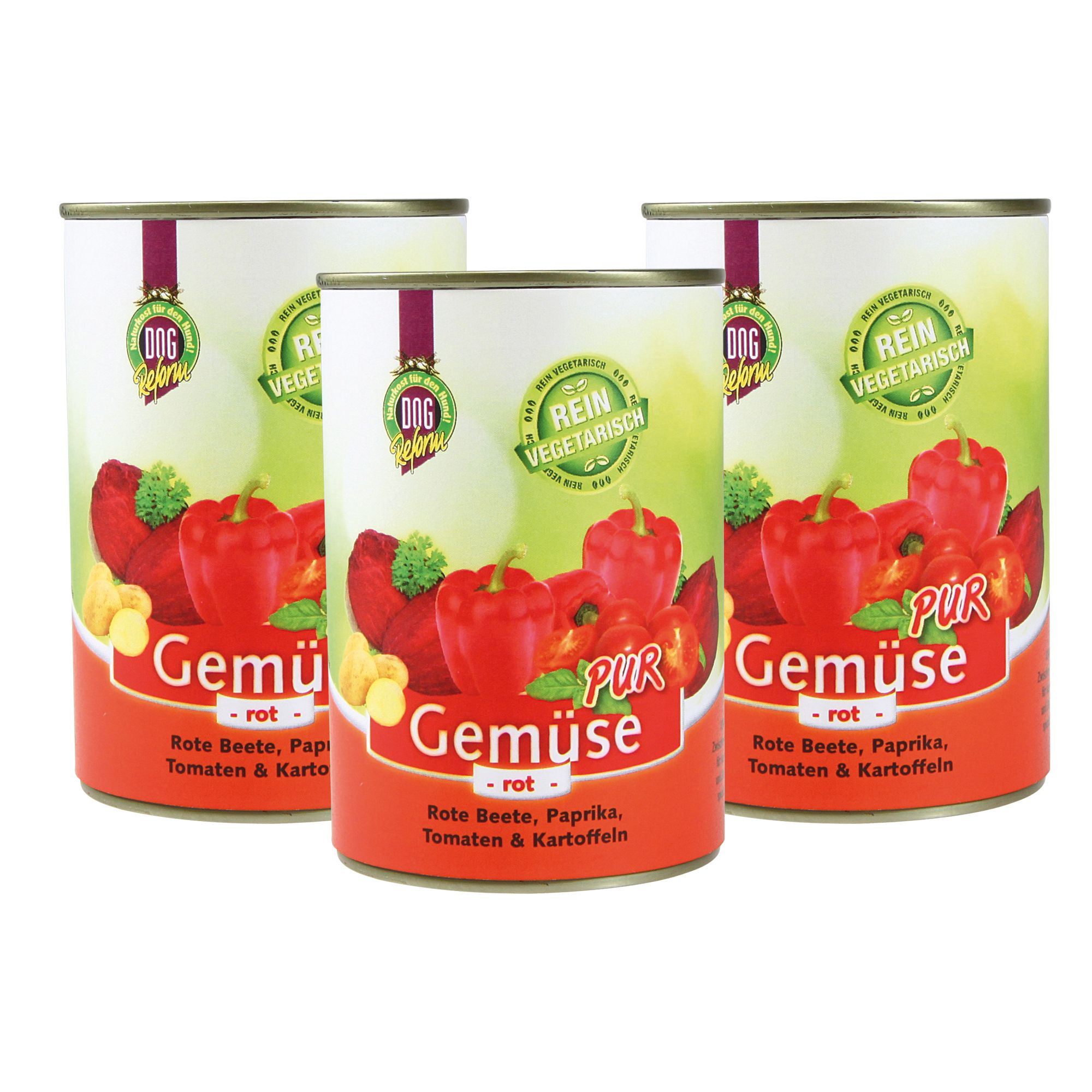 Drei Dosen Schecker Nassfutter, rot. Aufschrift: Gemüse pur, rote Beete, Paprika, Tomaten & Kartoffeln. Rein vegetarisch.