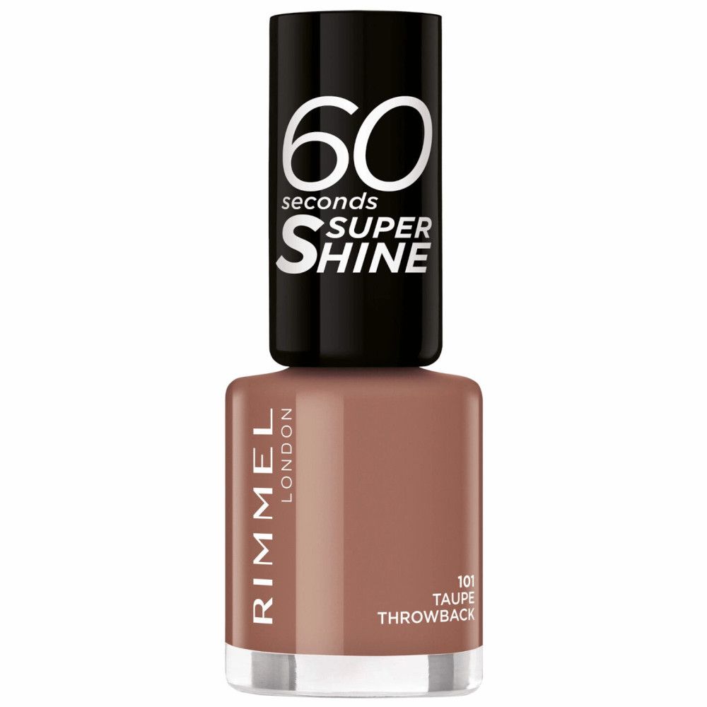 Nagellackflasche. Farbe: Taupe. Aufschrift: Rimmel London, 60 Seconds Super Shine.
