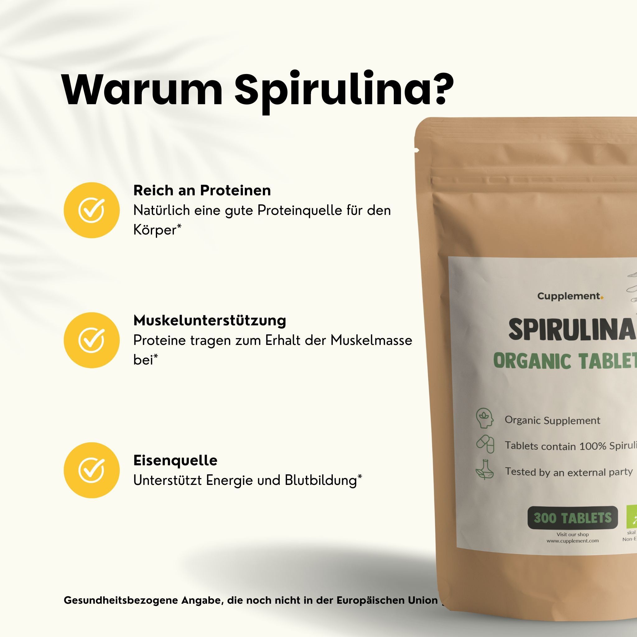 Braune Tüte mit Spirulina-Tabletten. Aufschrift: Cupplement Spirulina Organic Tablets. 300 Tabletten. Vorteile.