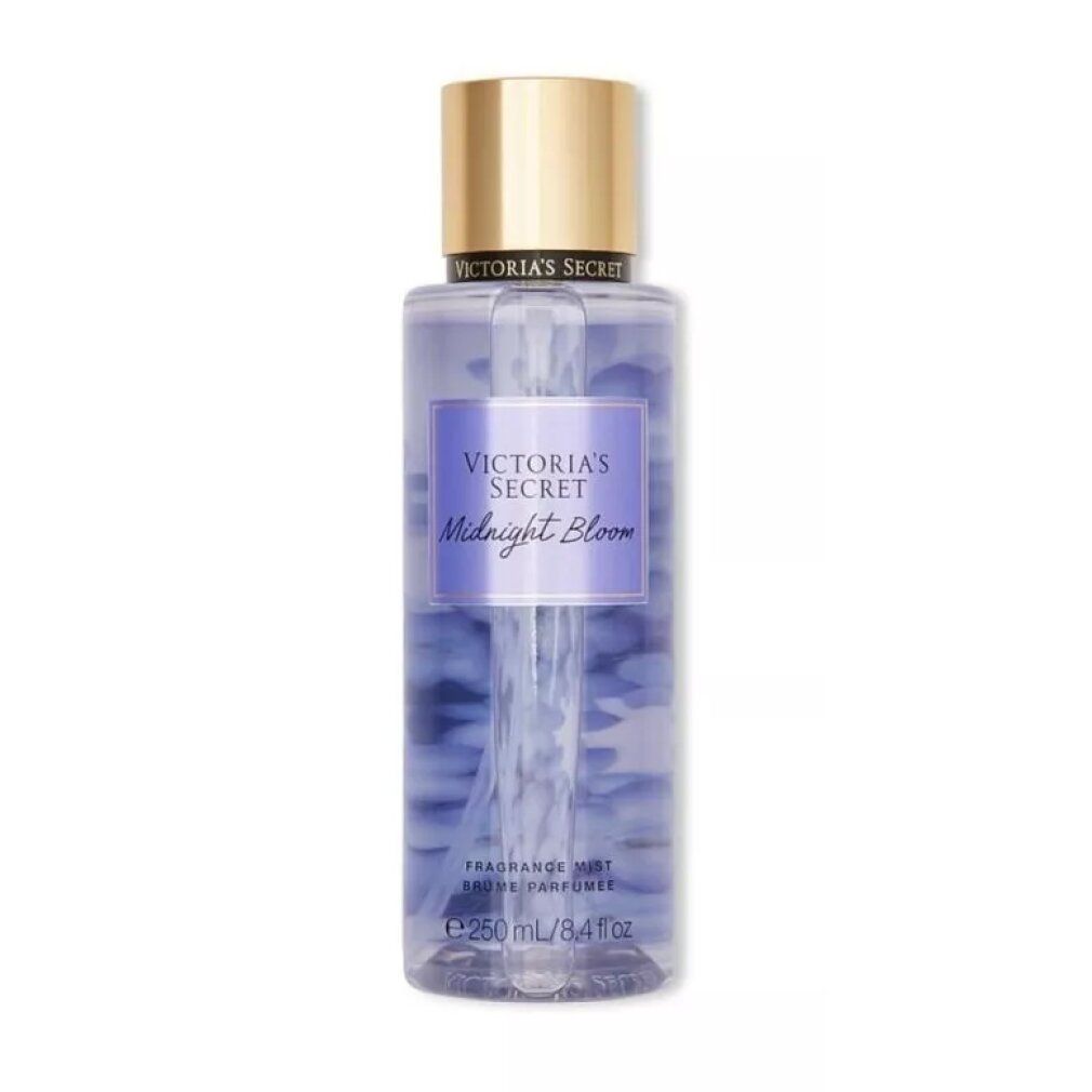 Victoria's Secret Midnight Bloom Körpernebel, Flasche mit lila und blauen Blütenblättern.