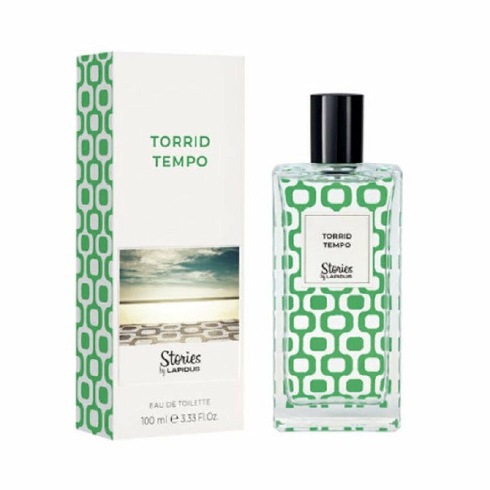 Eau de Toilette-Flakon und Verpackung. Rechteckige Flasche mit grünem Muster. Aufschrift "Torrid Tempo" und "Stories by Lapidus". Verpackung mit grünem Muster und Strandfoto.