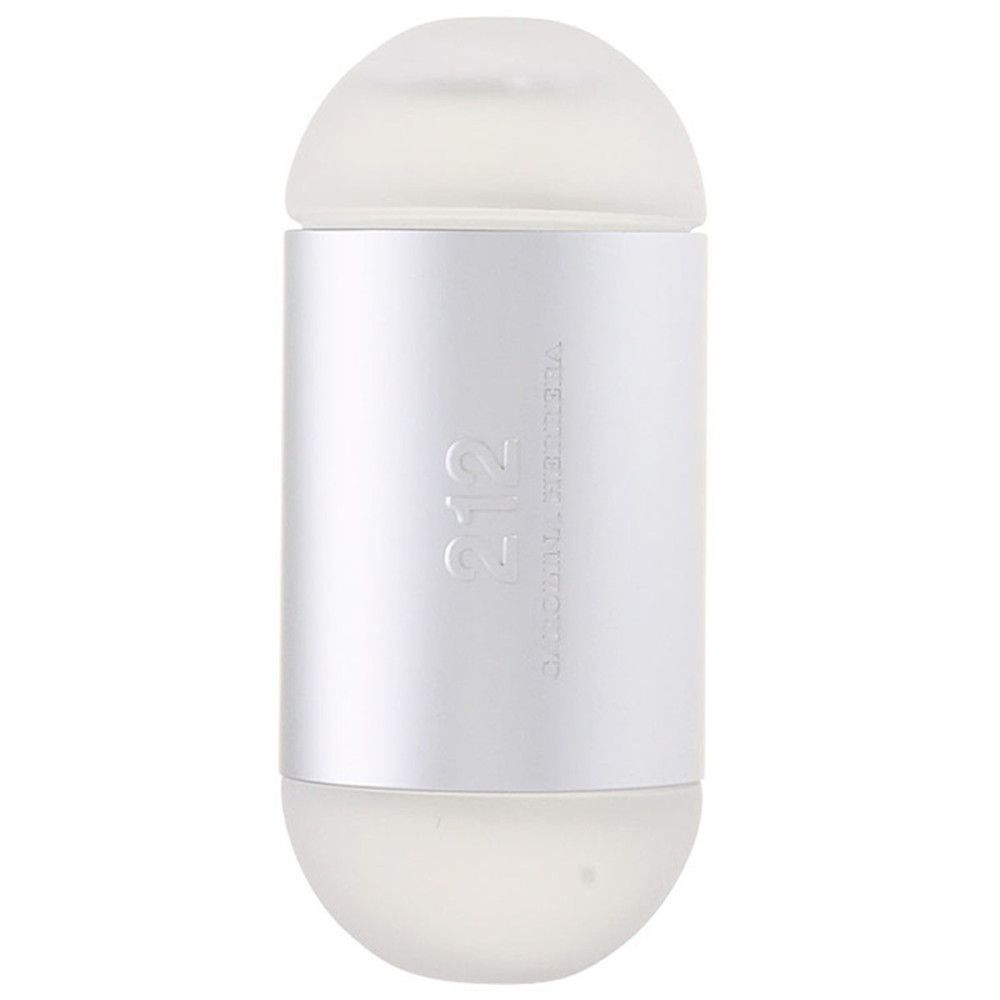 Zylindrischer Flakon mit silbernem Mittelteil und weißen Enden. Auf dem Flakon steht "212 CAROLINA HERRERA".